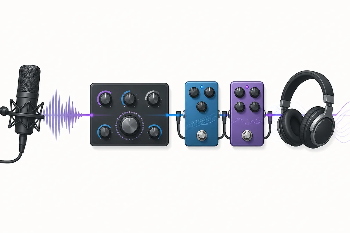 Editorial illustration of an audio signal moving through colorful effect controls into headphones