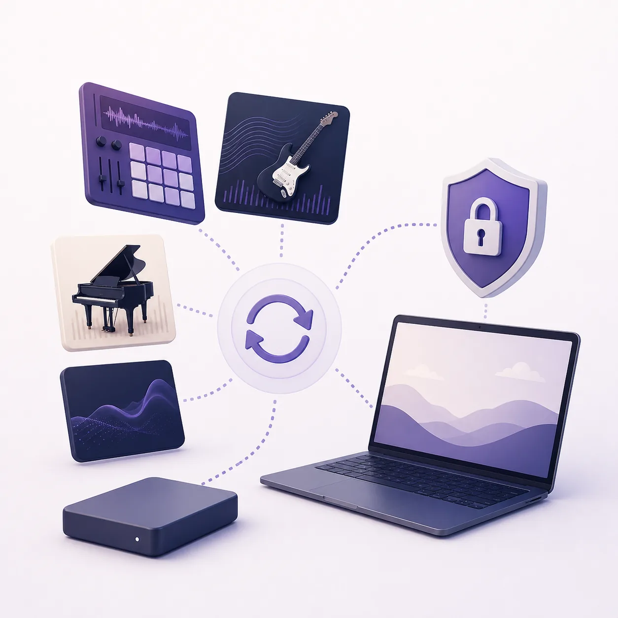 Abstract music content tiles connected to a laptop, storage drive, synchronization symbol, and security shield