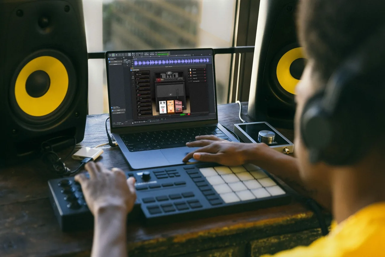 Audacity audio editing workspace on a studio laptop