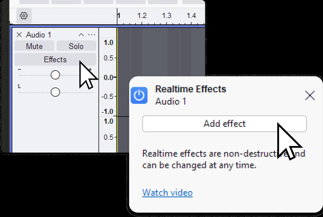 Audacity Realtime Effects panel with the Add effect control visible