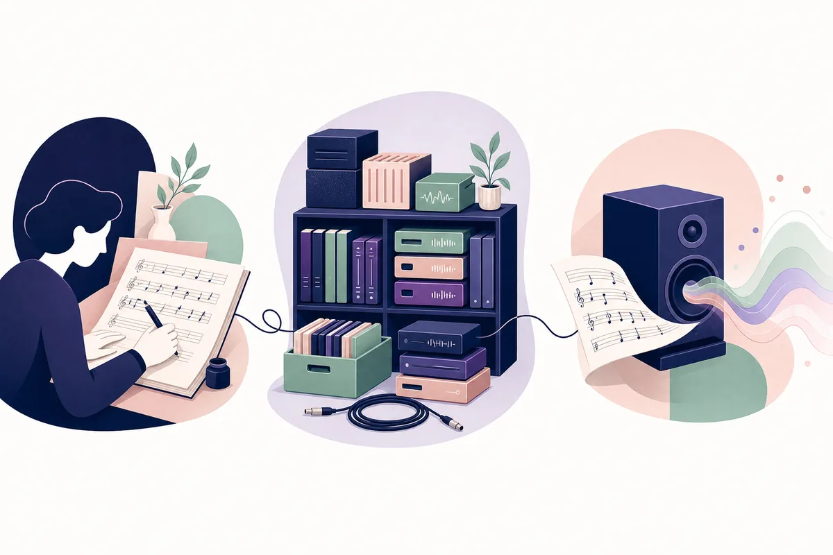 Conceptual illustration of composing notation, managing sound products, and hearing a finished score