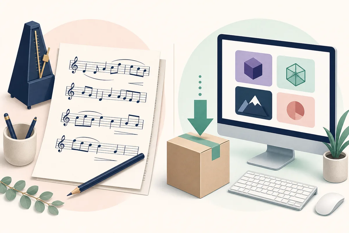 Editorial comparison illustration showing music notation beside a software distribution manager