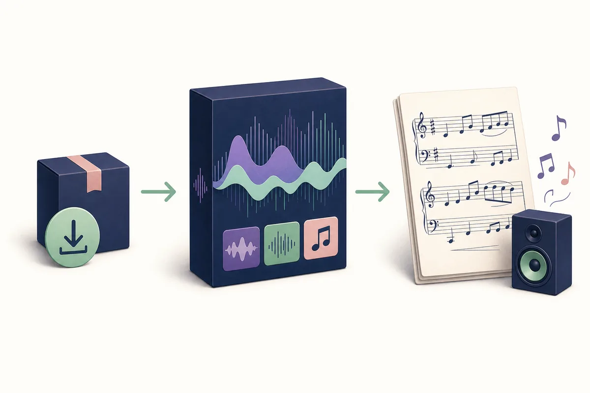 Conceptual flow from a managed download package to a sound library and a playable music score