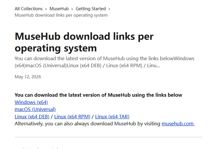 Official MuseHub page with Windows, macOS and Linux download links