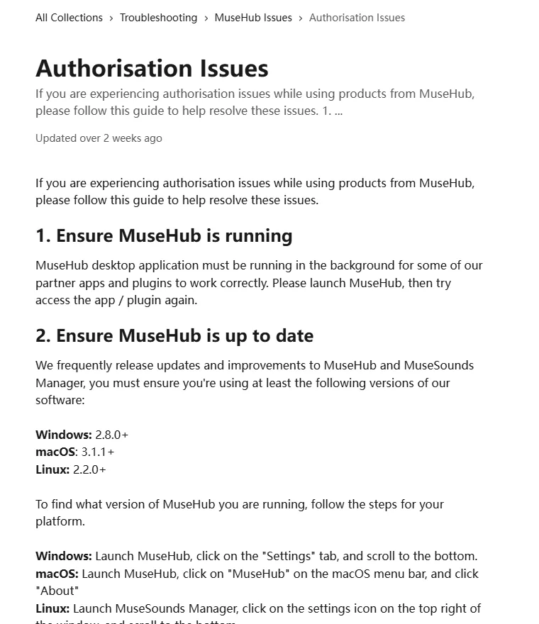 Official MuseHub support page showing minimum Windows, macOS and Linux versions